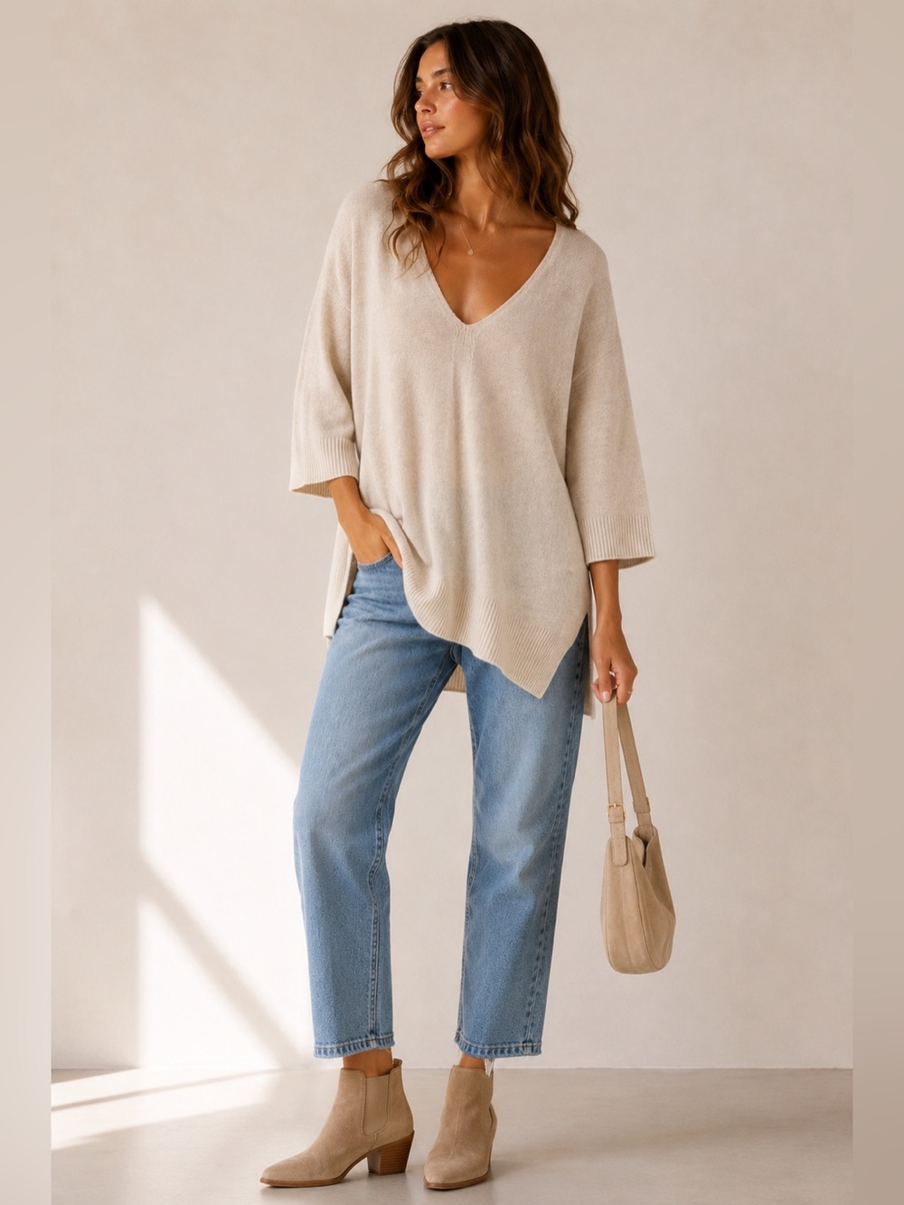 Cashmere Wool Blend Oversized Tunic Sweater Beige Oat Frankies Soft Knit Size S